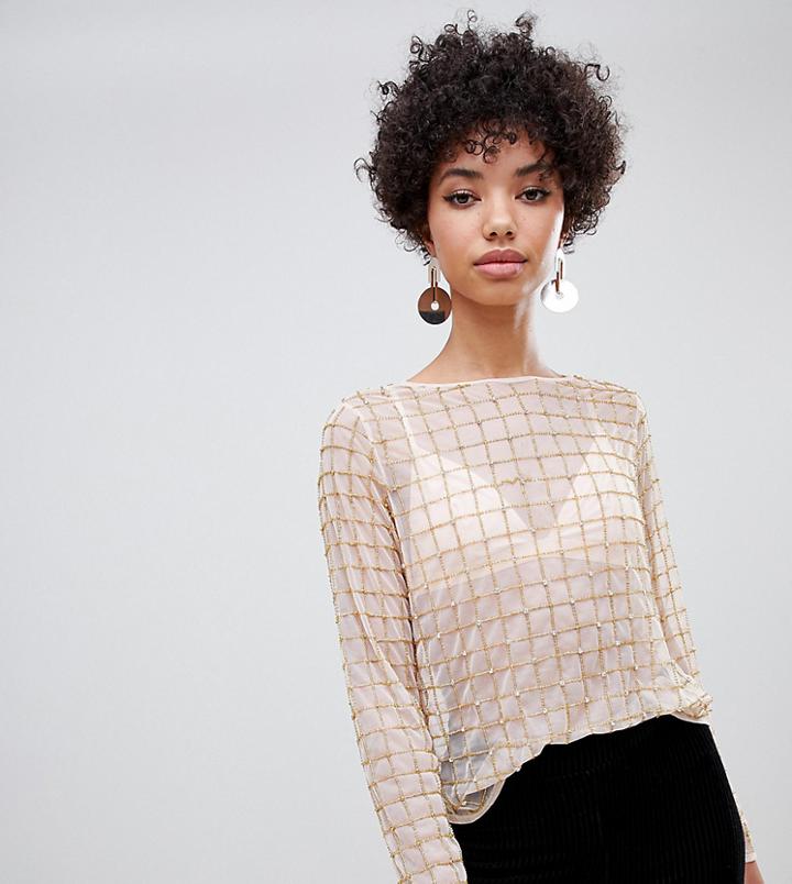River Island Blouse With Grid Embellishment In Champagne - Beige