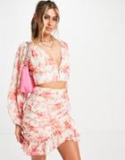 Saint Genies Chiffon Plunge Crop Top In Floral Print - Part Of A Set-multi