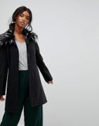 Brave Soul Davina Coat With Faux Fur Collar - Black