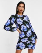 Asos Design Balloon Sleeve Ruffle Mini Dress In Floral Print-multi