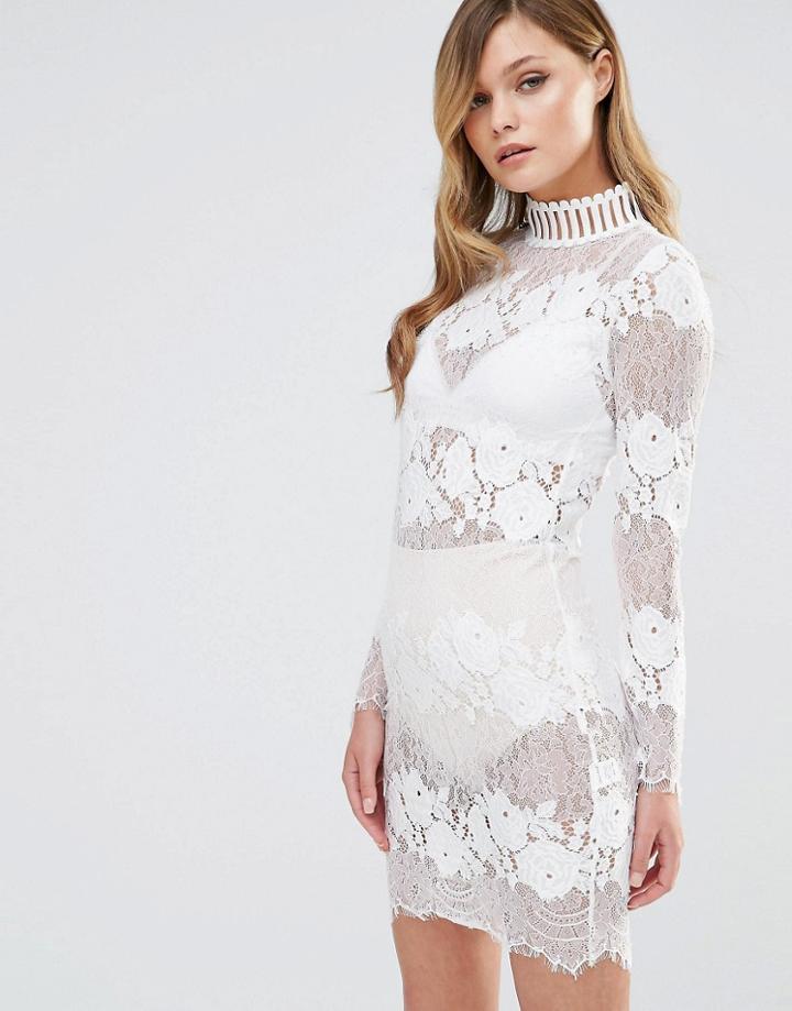Dark Pink High Neck Lace Dress - White