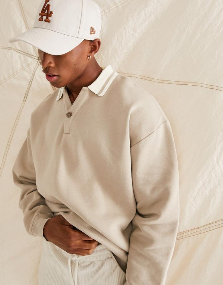 Asos Design Oversized Rugby Polo Sweatshirt With Tipping In Beige-neutral