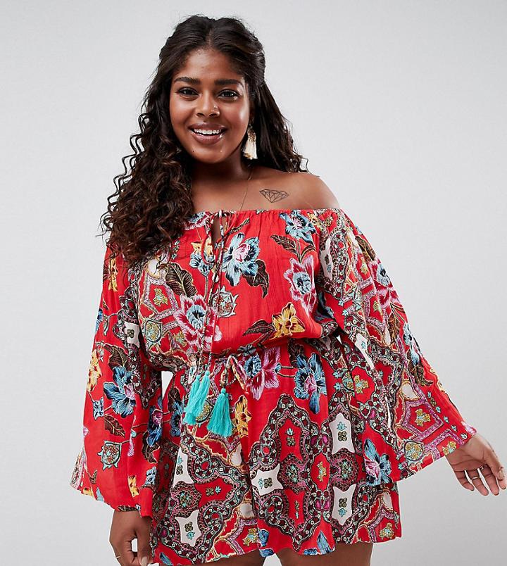 Asos Design Curve Folk Paisley Print Off Shoulder Tassel Beach Romper - Multi