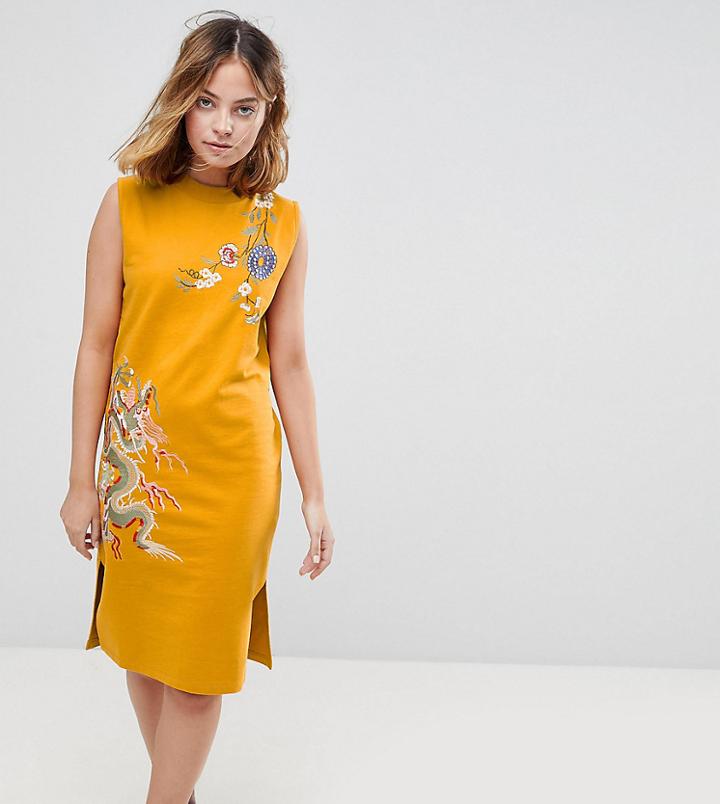 Asos Petite Sleeveless Sweat Dress With Embroidery - Yellow