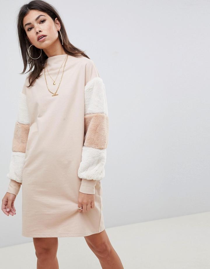 Asos Design Funnel Neck Sweat Dress With Faux Fur Sleeves - Brown
