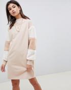 Asos Design Funnel Neck Sweat Dress With Faux Fur Sleeves - Brown