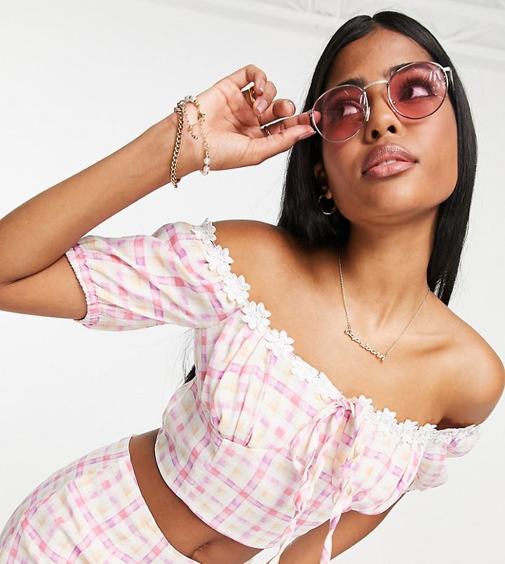 Collective The Label Off-shoulder Crop Top In Lilac Check - Part Of A Set-purple