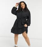 Asos Design Curve Button Through Mini Skater Shirt Dress With Pephem In Self Stripe In Black