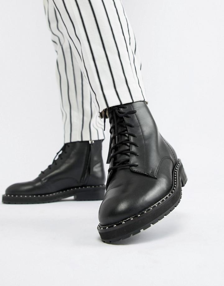 Office Attention Eyelet Chunky Black Leather Boots - Black