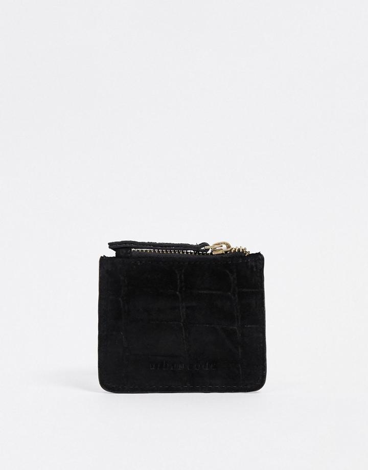 Urbancode Embossed Leather Zip Top Card Holder In Black