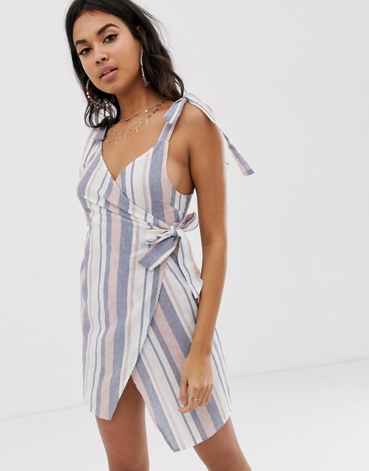 Asos Design Woven Stripe Tie Side Wrap Beach Dress-multi
