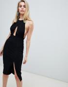 Love Triangle Halterneck Bodycon Dress With Keyhole Front And Lace Back In Black - Black