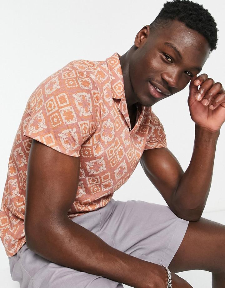 Asos Design Camp Collar Polo T-shirt In All Over Crochet Print-neutral