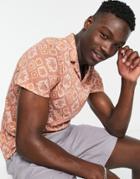 Asos Design Camp Collar Polo T-shirt In All Over Crochet Print-neutral