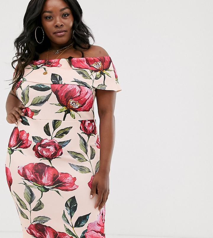 Simply Be Bardot Tie Waist Dress In Pink Floral - Multi