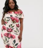 Simply Be Bardot Tie Waist Dress In Pink Floral - Multi