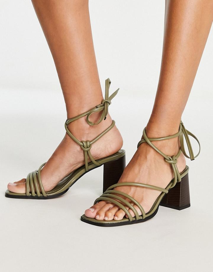Asos Design Hollow Strappy Tie Leg Mid Heeled Sandals In Green