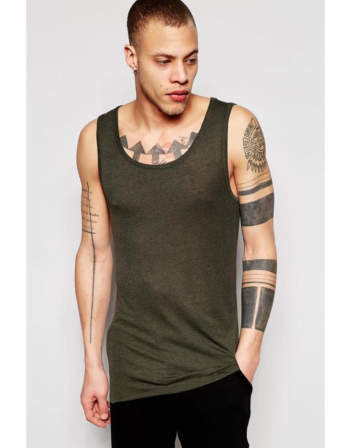 Asos Fine Rib Longline Muscle Vest With Raw Edge In Khaki - Khaki