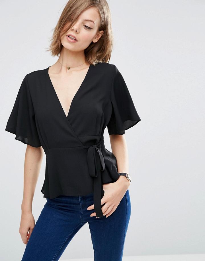Asos Tea Blouse With Wrap Front - Black