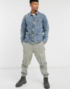 Only & Sons Denim Worker Jacket With Pockets In Blue-black