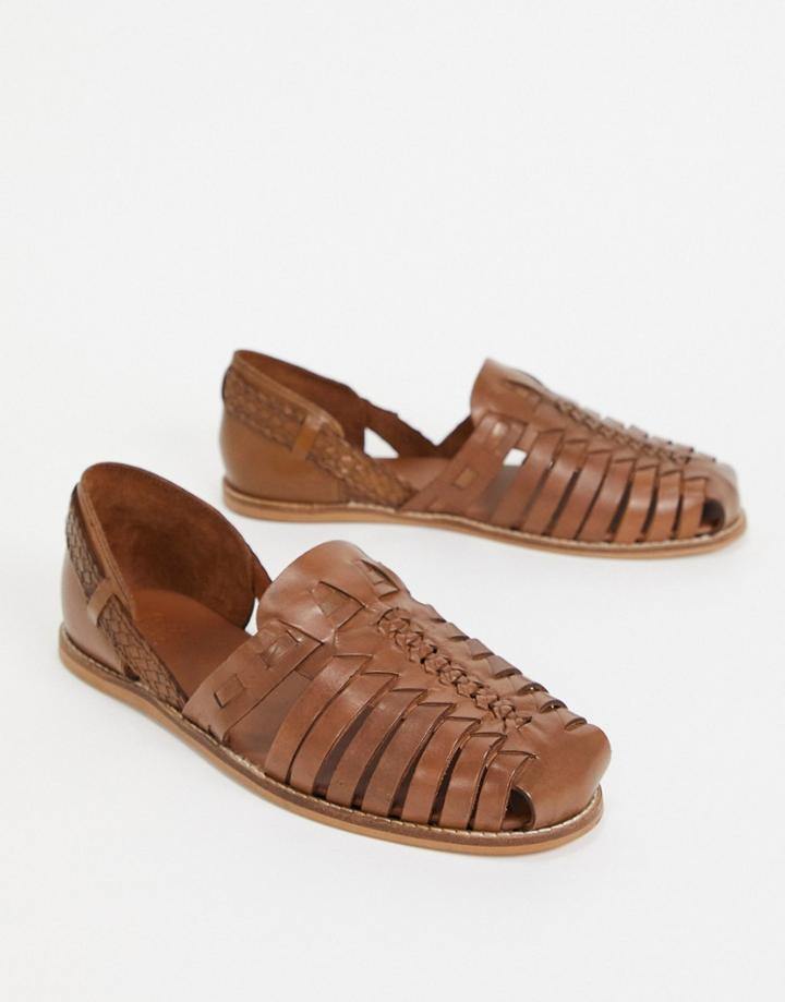 Asos Design Woven Sandals In Tan Leather-brown