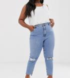 Asos Design Curve Farleigh High Waisted Slim Mom Jeans In Light Vintage Wash With Slashed Rips & Raw Hem Detail-blue