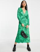Asos Design Ruched Detail Wrap Maxi Dress In Green Paisley Print