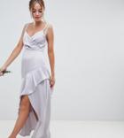 Asos Design Wedding Petite Satin Pearl Strap Ruffle Maxi - Gray