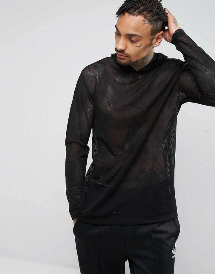 Asos Longline Long Sleeve Hooded T-shirt In Mesh - Black