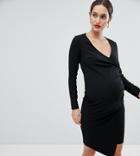 Flounce London Maternity Wrap Front Midi Dress With Asymmetric Hem-black