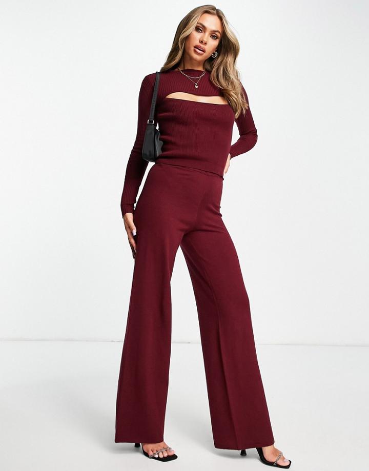 Aria Cove Wide Leg Elasticated Waist Pants In Wine Red - Part Of A Set