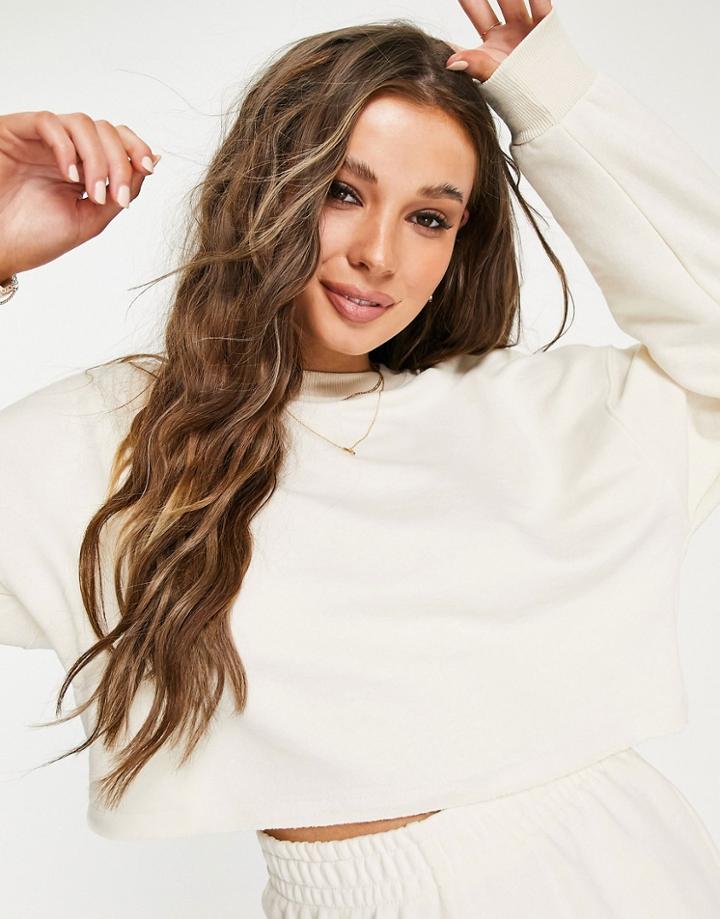 Pull & Bear Crop Sweat & Short Set In Ecru-white