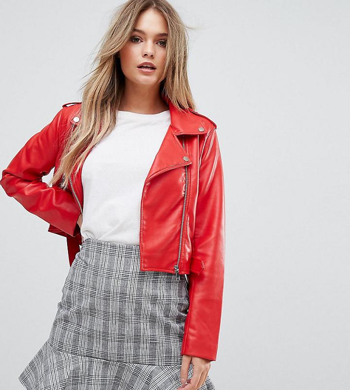 Prettylittlething Leather Look Biker Jacket - Red