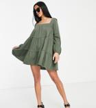 Asos Design Petite Tiered Square Neck Smock Mini Dress In Khaki-green