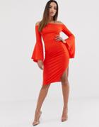 Club L London Bardot Ruffle Sleeve Midi Dress-orange