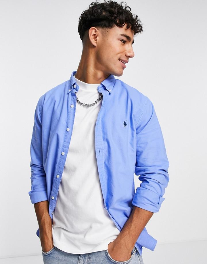 Polo Ralph Lauren Player Logo Slim Fit Garment Dyed Oxford Shirt In Blue