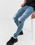 Siksilk Super Skinny Jeans With Baroque Rips In Light Wash - Blue