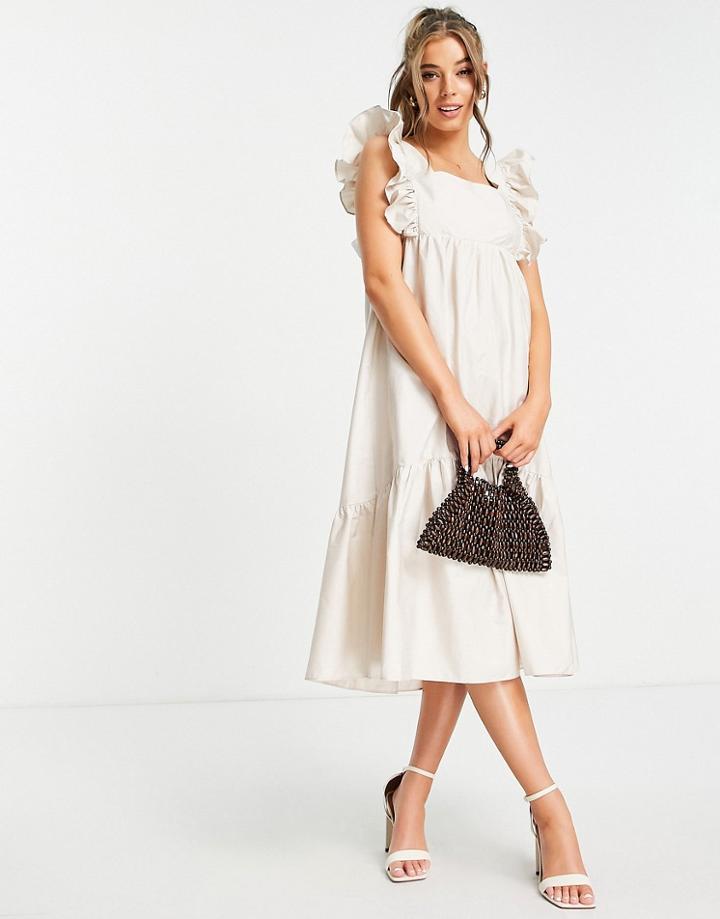 New Look Volume Frill Sleeve Smock Midi Dress In Stone-white