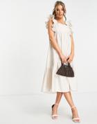 New Look Volume Frill Sleeve Smock Midi Dress In Stone-white
