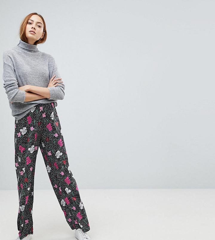 Asos Tall Wide Leg In Spot Floral Print - Black