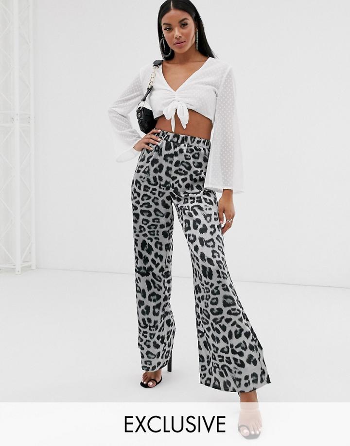 Pretty Lavish Wide Leg Pants In Animal Print-gray