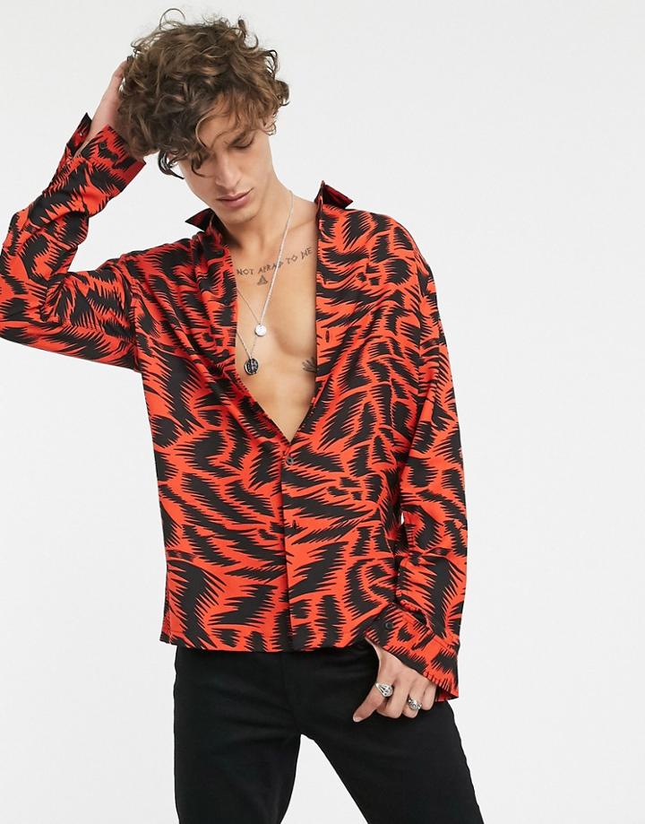 Asos Design Regular Fit Long Sleeve Shirt In Zigzag Print In Red