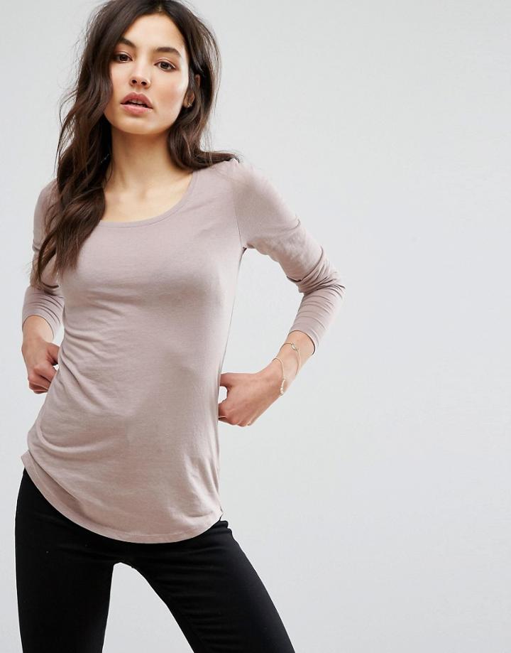 New Look Curved Hem Long Sleeve Top - Beige