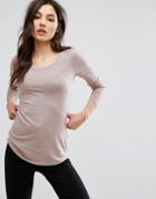 New Look Curved Hem Long Sleeve Top - Beige