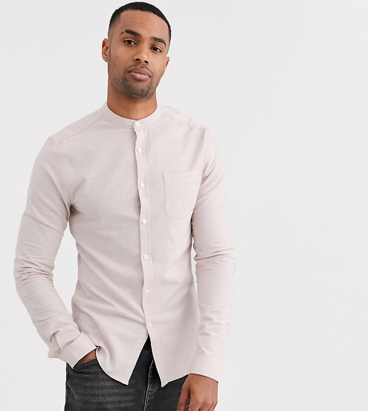 Asos Design Tall Skinny Fit Oxford Shirt In Light Pink With Grandad Collar