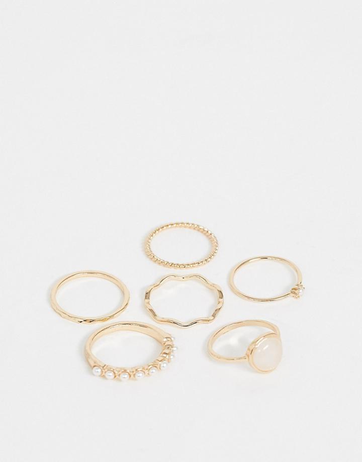 Asos Design Pack Of 6 Rings With Pearl And Faux Opal Stone In Gold Tone