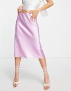 Asos Design Low Rise Satin Bias Midi Skirt In Lilac-purple