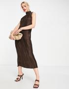 Asos Design Satin Plisse Midi Dress With High Neck In Chocolate-brown