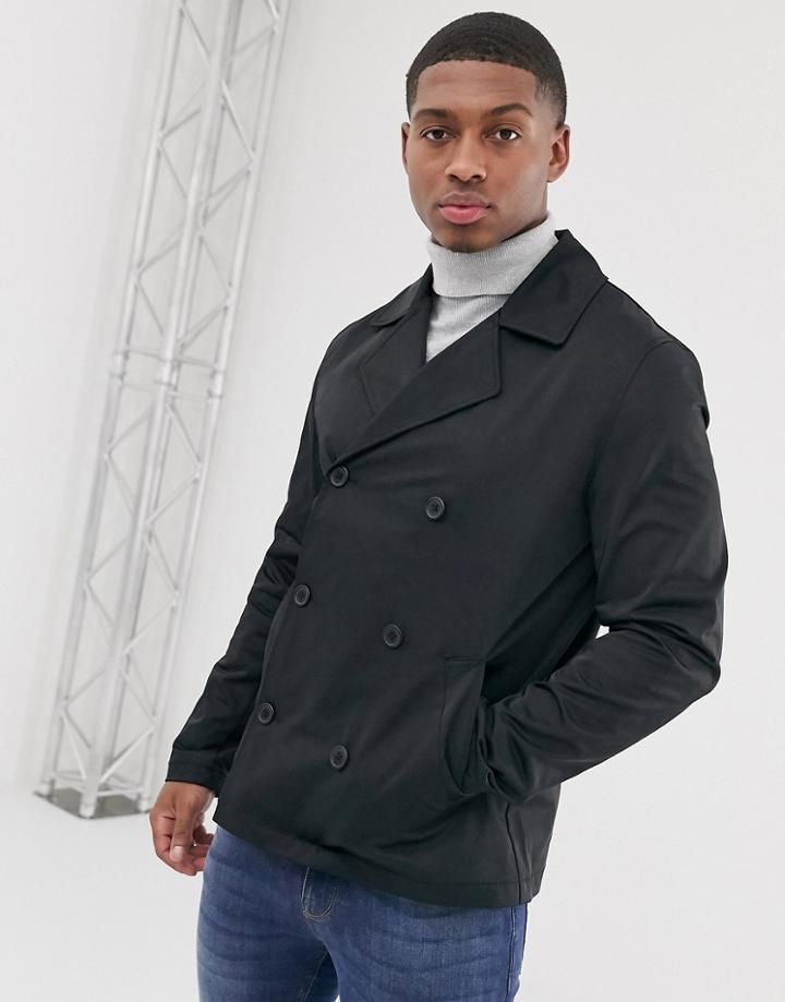 Asos Design Double Breasted Pea Coat Trench-black