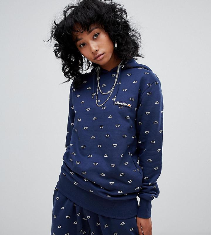 Ellesse Relaxed Hoodie With All Over Graphic Logo Print Two-piece - Navy